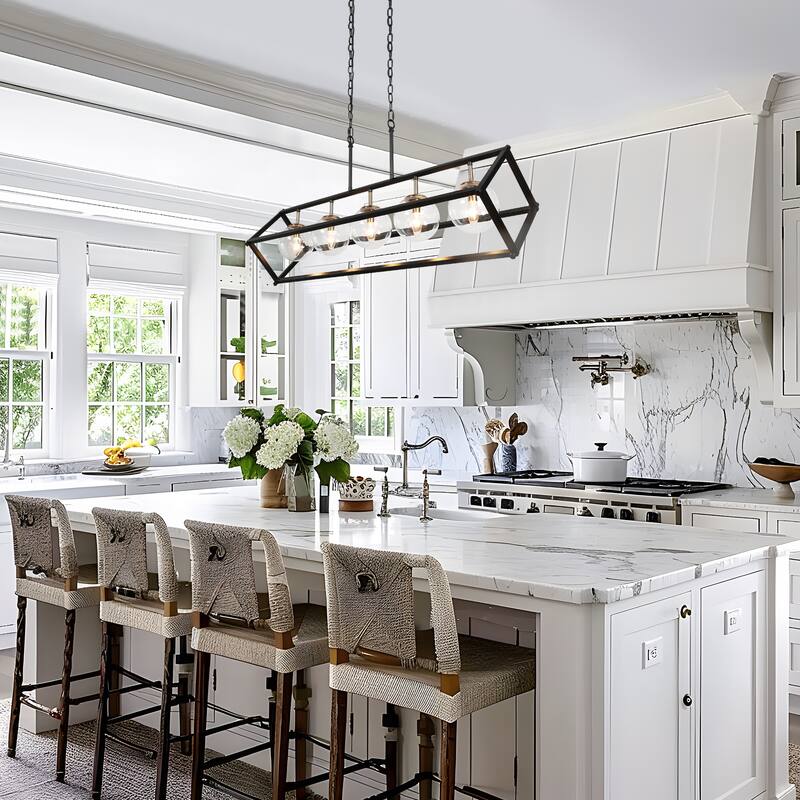 Torin Modern 5-Light 41.5" Black Gold Geometric Chandelier Globe Glass Kitchen Island Pendant Lights - 41.5" L x 12" W x 19.5" H