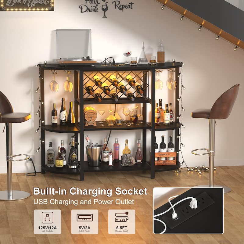 4-Tier Wine Bar Cabinet with Outlet and LED Light,Freestanding Bar Table with Glass Holder and Wine Storage