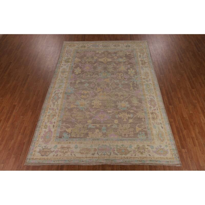 Brown Vegetable Dye Oushak Turkish Area Rug Handmade Wool Carpet - 9'1"x 12'8"