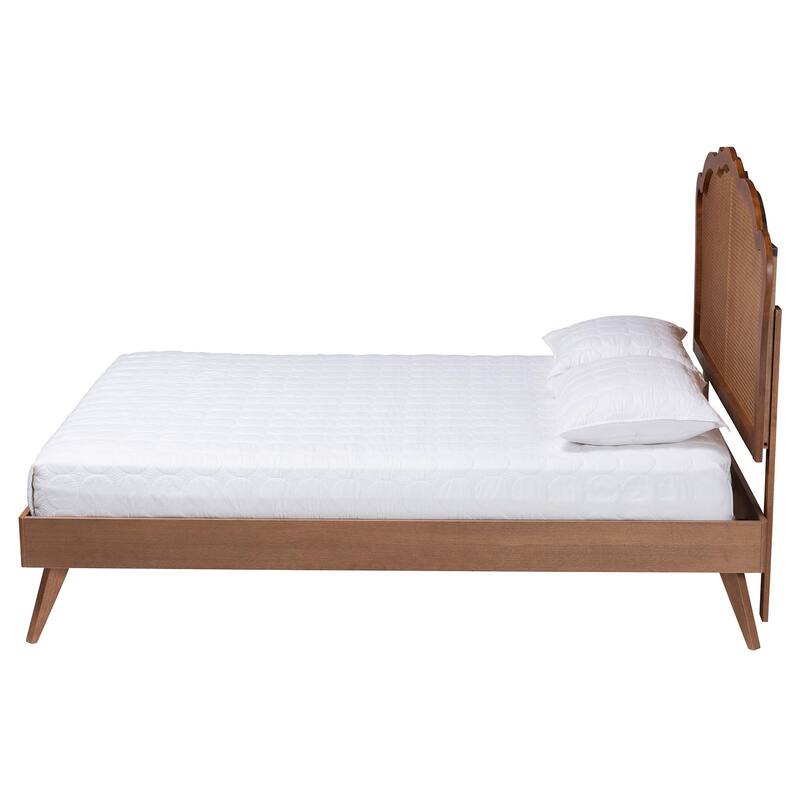 Aithan Mid-Century Walnut Brown Wood and Rattan Platform Bed