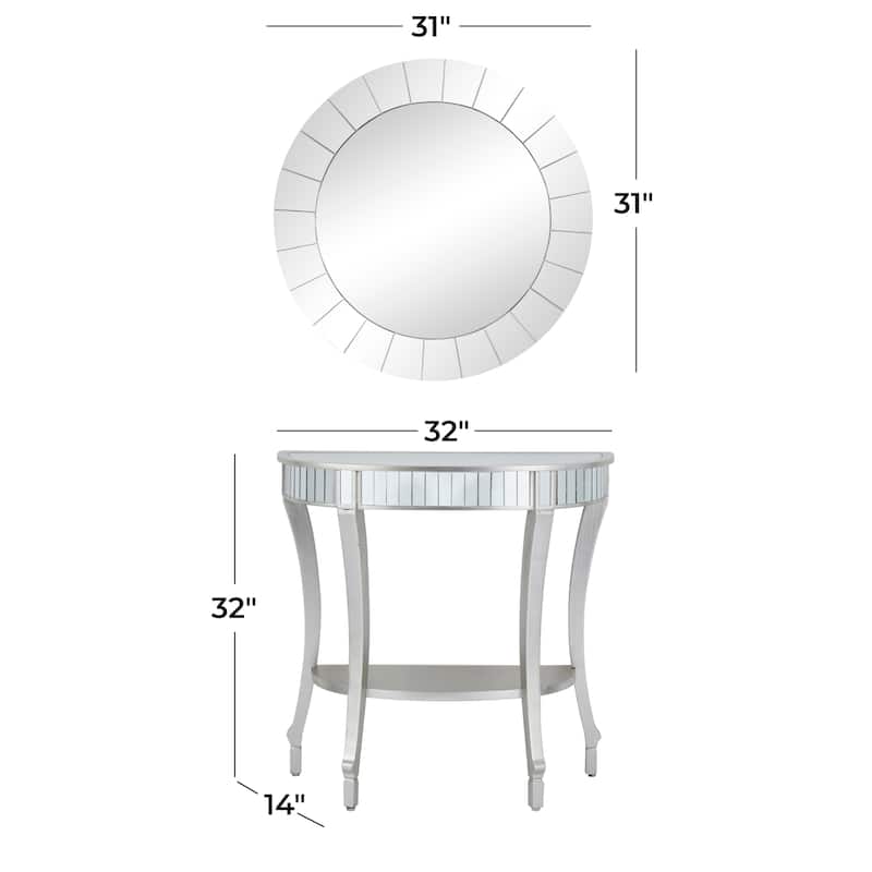 Wood Mirrored Panel Half Moon Console Table with Mirror - Set of 2 Silver - Roche River Decor - 14"W x 32"L x 32"H