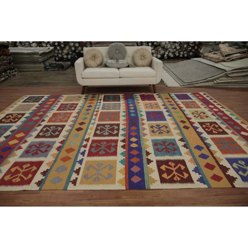 Hand Woven Oriental 100% Wool Carpet Southwestern Tribal Multi-Colored Kilim Area Rug - 12' 0'' X 8' 8''