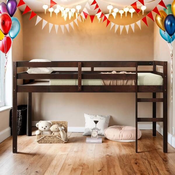 slide 2 of 8, Wooden Low Height Twin Size Loft Bed with Ladder,Strengthened Slats,Kids Bed Design Espresso