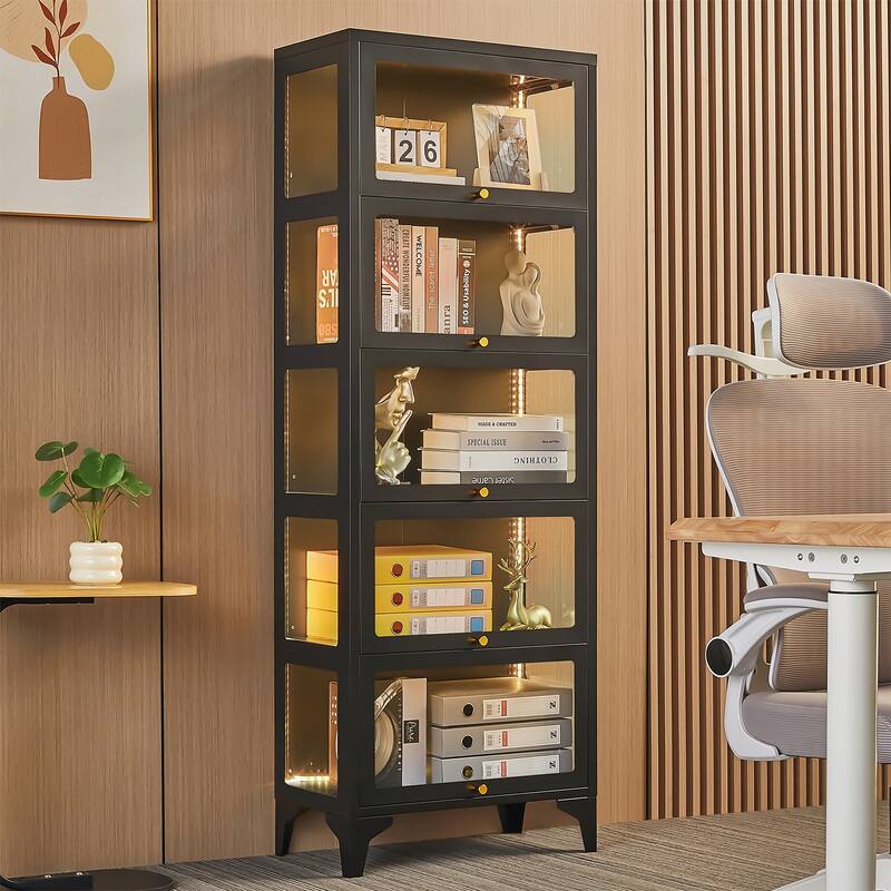 4/5-Tier Curio Display Cabinet with Glass Flip Doors & LED Light Strip