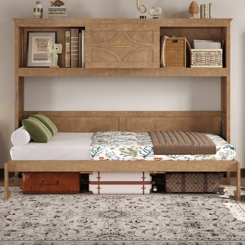 Twin Size Murphy Bed with Charging Station, Drawer, and Storage Cabinets, Wood Finish
