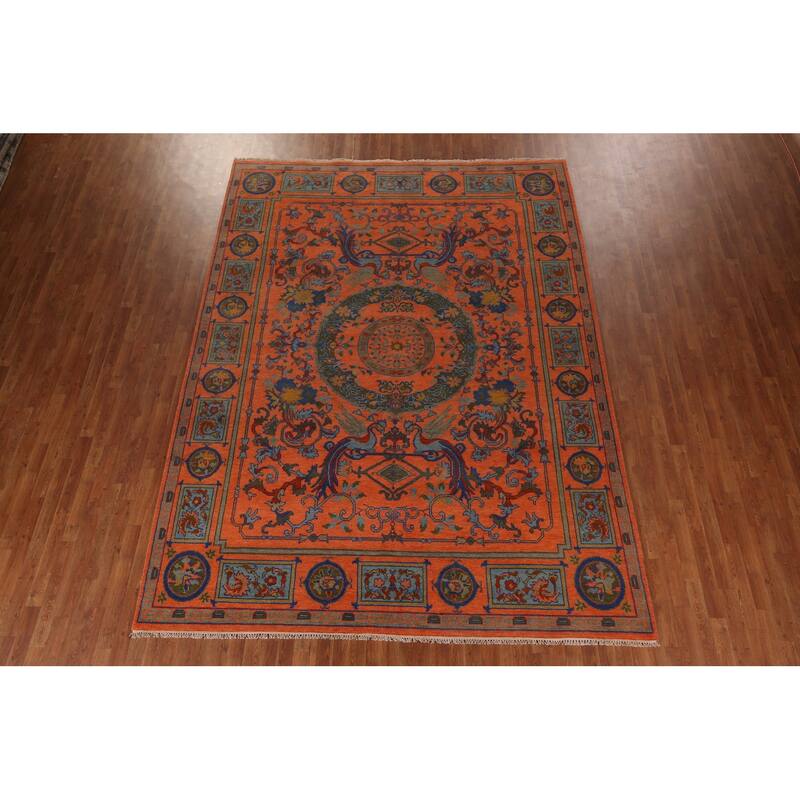 Orange Geometric Khotan Oriental Area Rug Hand-Knotted Wool Carpet - 8'10"x 11'10"