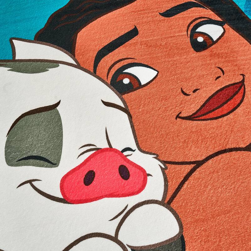 Licensed Disney Moana Pua HeiHei Modern Hawaiian Character Printed Flannel Non-Slip Washable Indoor Kids Area Rug, 54"x78"