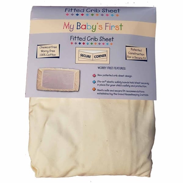 slide 2 of 5, My Baby's First Fitted Crib Sheet, 100% Cotton, All Natural, Patented Sta-On Elastic Safety Bands, 27" x 54"