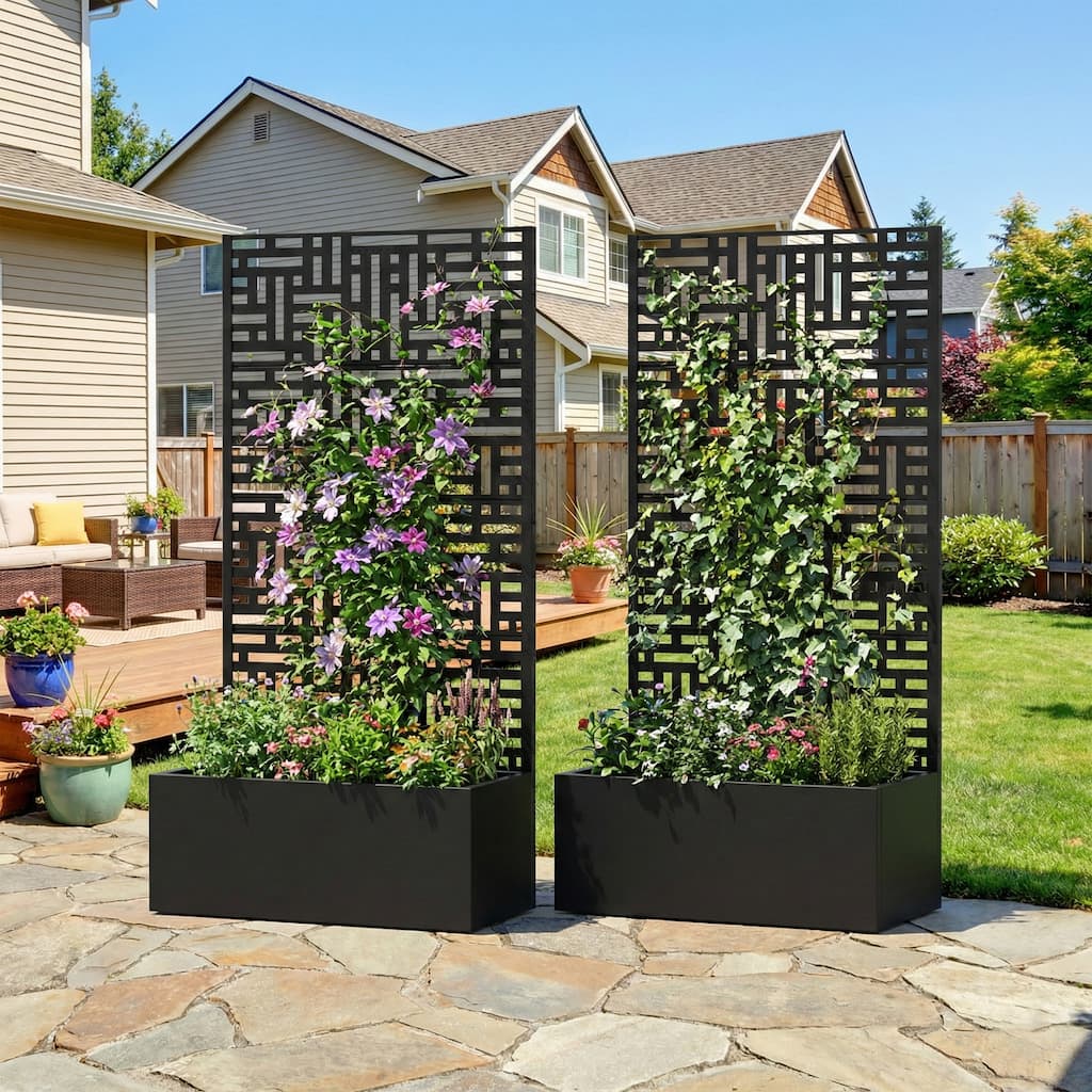 Metal Planter Box with Trellis Privacy Screen Planter Box with Lockable Wheels Set of 2