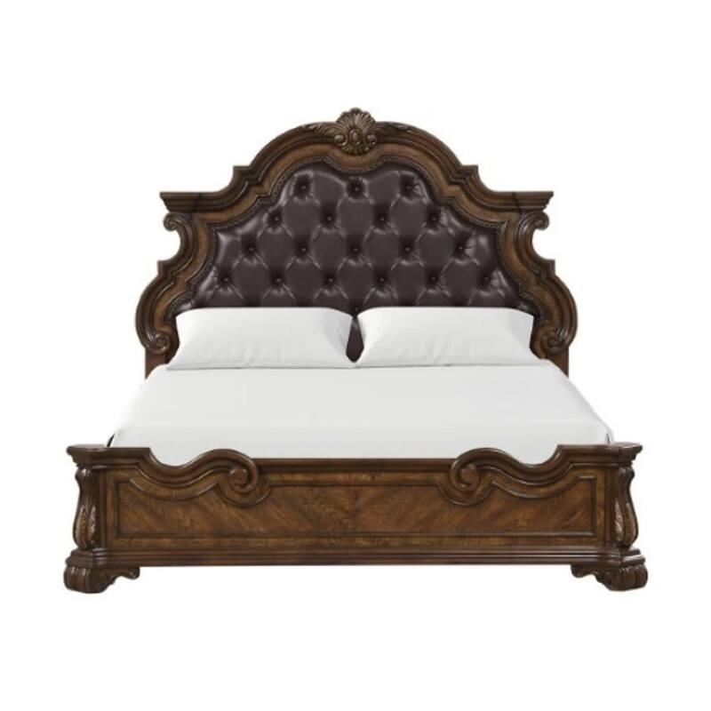 Leova Queen Bed, Bombay Headboard, Faux Leather Upholstery, Dark Brown