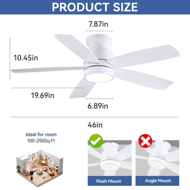 41 and 46 Inches Flush Mount Ceiling Fan with Light and Remote