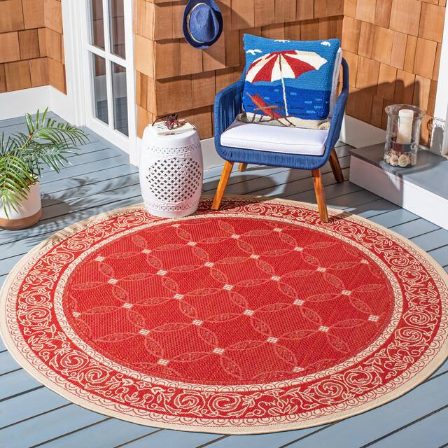 SAFAVIEH Courtyard Laurene Waterproof Patio Backyard Rug - 5'3" x 5'3" Round - Red/Natural