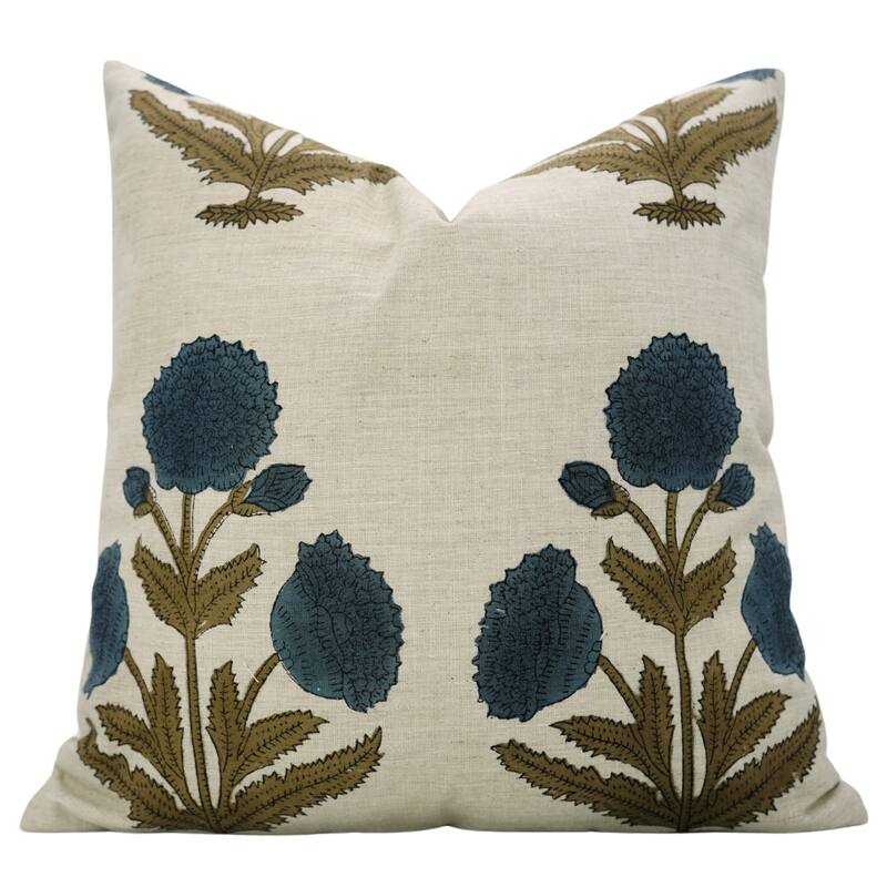 Fabdivine Hand Block Print Floral Pillow Cover Linen Cushion Case for Sofa Guest Room Fall Home Accent Gift, Shehjan - Badshah- Blue, Brown - 14" x 14" - Pillow Covers