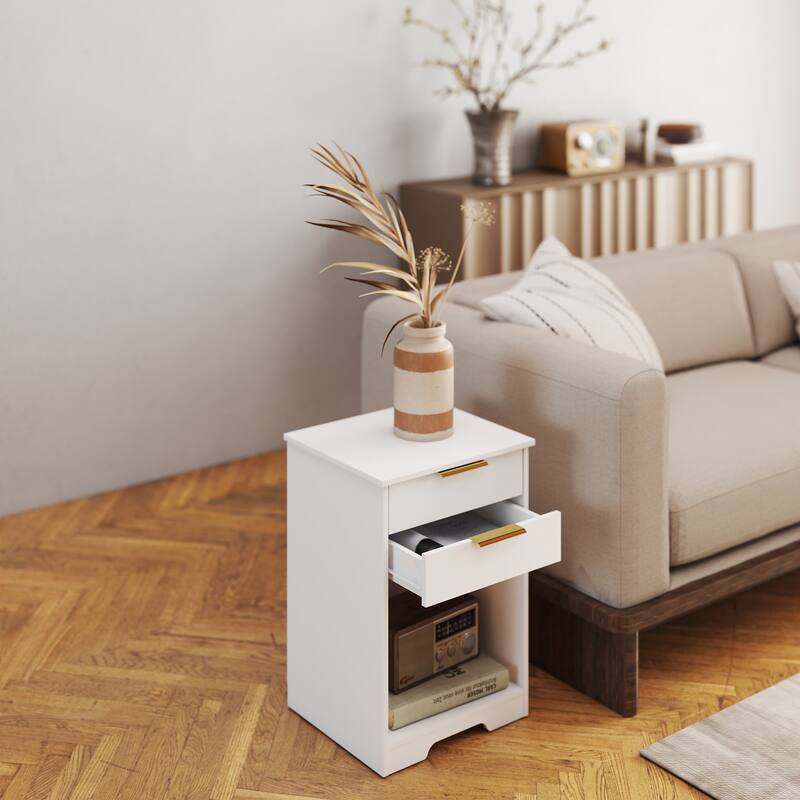 Anmytek White 2 Drawer Nightstand with Gold Handles, Modern Bedside Table End Table for Small Spaces