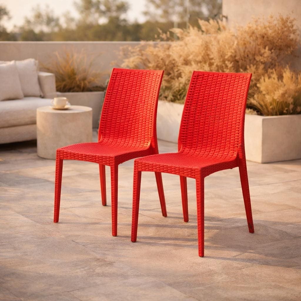 Mace (Set of 2) Modern Indoor Outdoor Dining Chair, Stackable Plastic Patio Accent Chair, Wicker Weave Design, Fully Assembled
