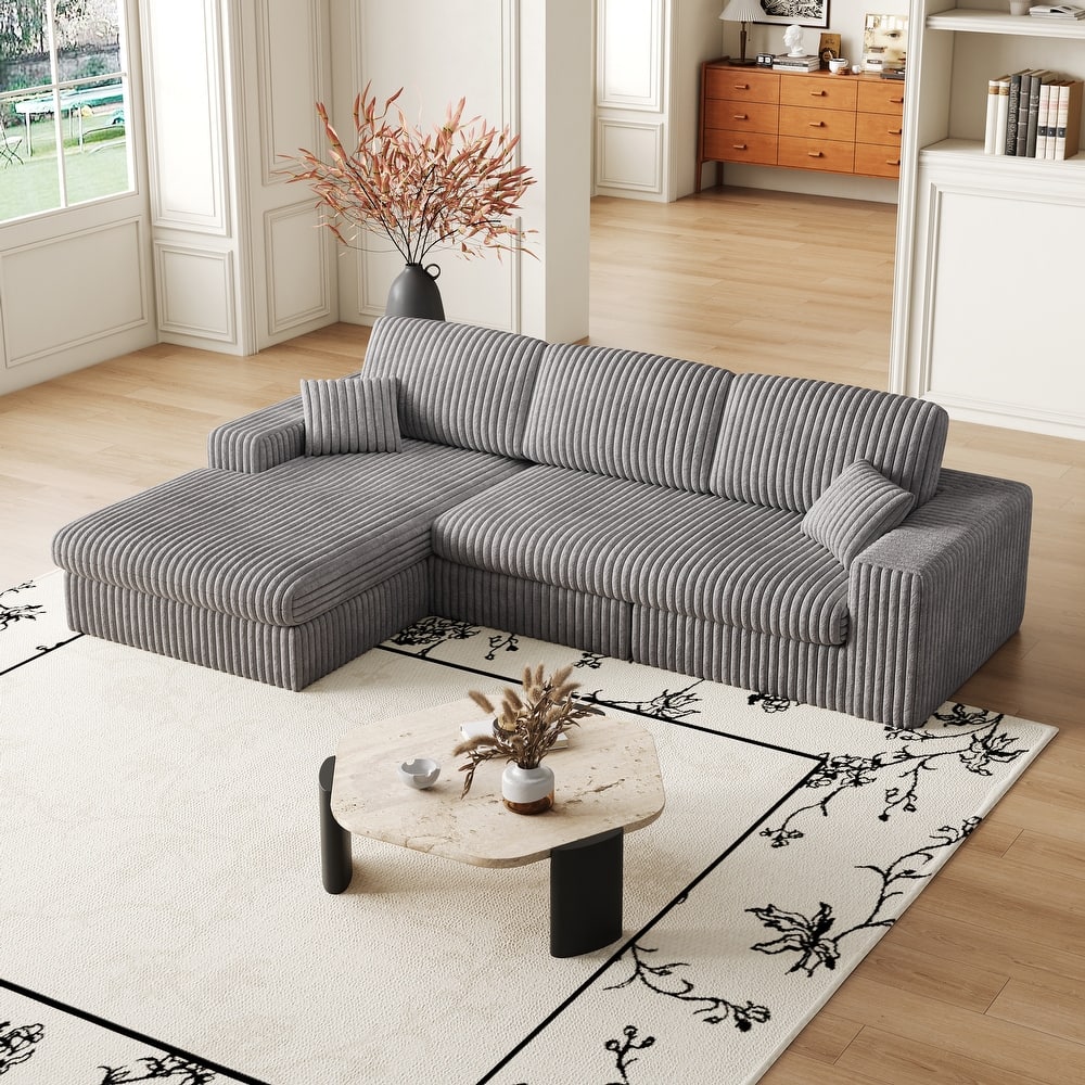 Roomfitters 114.5" Stylish Corduroy Modular Recliner Sofa, Convertible L-Shaped Couch with Neck Pillows & Throw Pillows