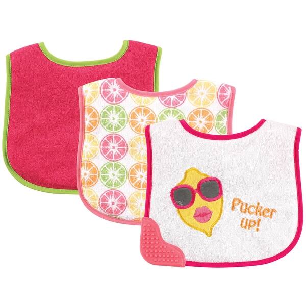 slide 1 of 1, Luvable Friends Baby Girl Feeder Bibs with Teether 3pk, Pink Lemon, One Size - Pink Lemon - One Size One Size - Pink Lemon