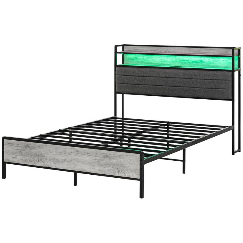 Upholstered Bed Frame with Storage Headboard,Charging Station