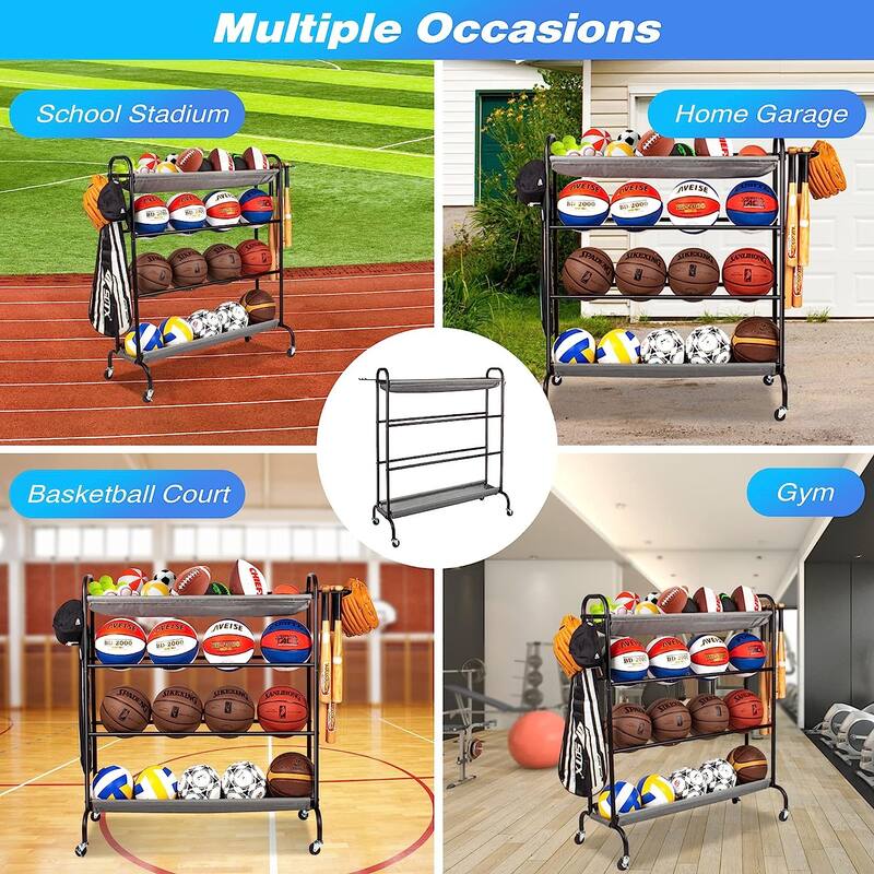 Sttoraboks Basketball Rack, Garage Ball Storage Stand Ball Rack Rolling Balls Organizer with Baseball Bat Holder & Hooks