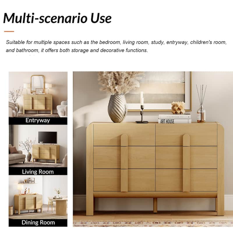 WAMPAT Mid Century Wood 6 Drawer Dresser For Bedroom, Modern Chest Of Drawers With Curved Profile Design