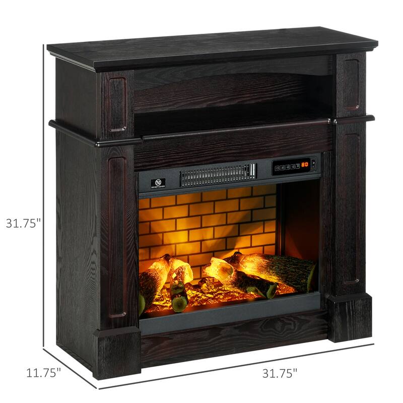 32" Electric Fireplace with Wooden Mantel, Shelf, Remote Control, Dimmable LED Flame, Brown