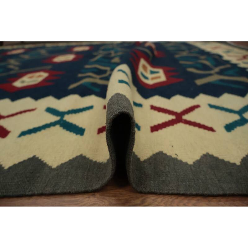 Hand Woven Oriental 100% Wool Carpet Southwestern Tribal Navy Blue & Blues Kilim Area Rug - 9' 11'' X 8' 2''