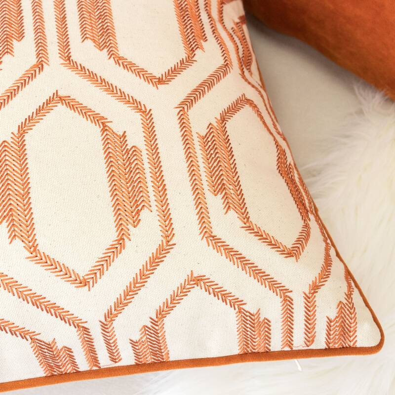 Geometric Embroidered Cotton Throw Pillow - Rust Modern Accent Set of 2