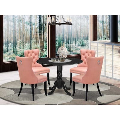 Modern 5 Piece Dining Set - Round Table with Dropleaf & 4 Chairs - Black Kitchen Table Set