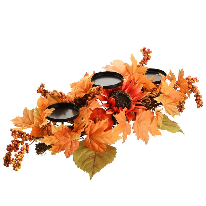 National Tree Company Artificial Fall Centerpiece, Three Candle Holders with Sunflower Blooms, Pinecones, 24 in. - 24 in