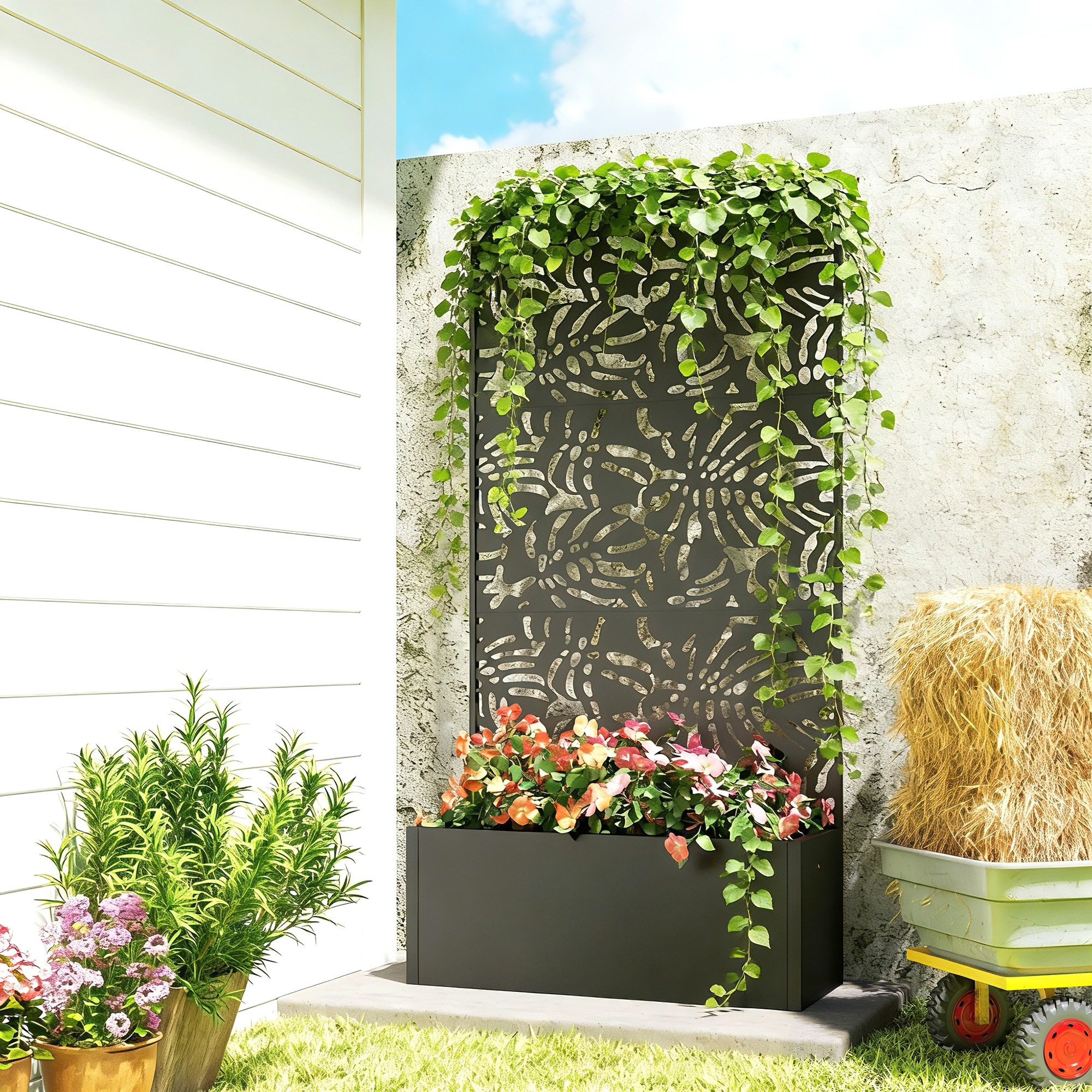Outsunny Metal Planter Box with Trellis, 71" Tall Raised Garden Bed with Trellis Privacy Screen and Drainage Holes