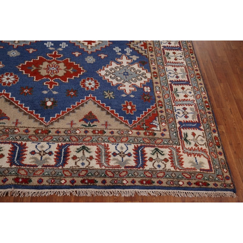 Blue Geometric Kazak Oriental Area Rug Handmade Wool Carpet - 8'0" x 9'11"