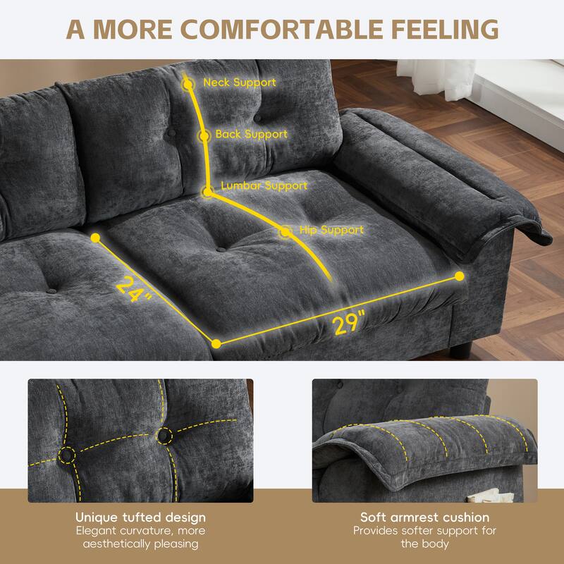 Chenille Tufted L-Shape Sectional Sofa with Storage Ottoman, Pockets and All-in-one Armrest with Dual-Port Charging, Cup Holder