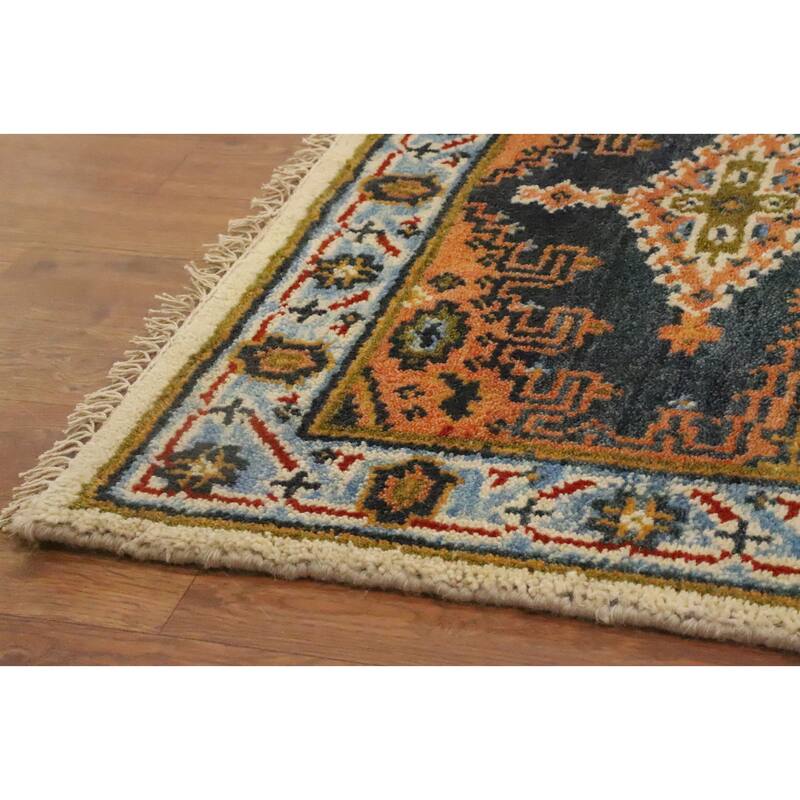 Hand Knotted Oriental 100% Wool Carpet Traditional Geometric Navy Blue & Blues Viss Runner Rug - 8' 9'' X 2' 7''