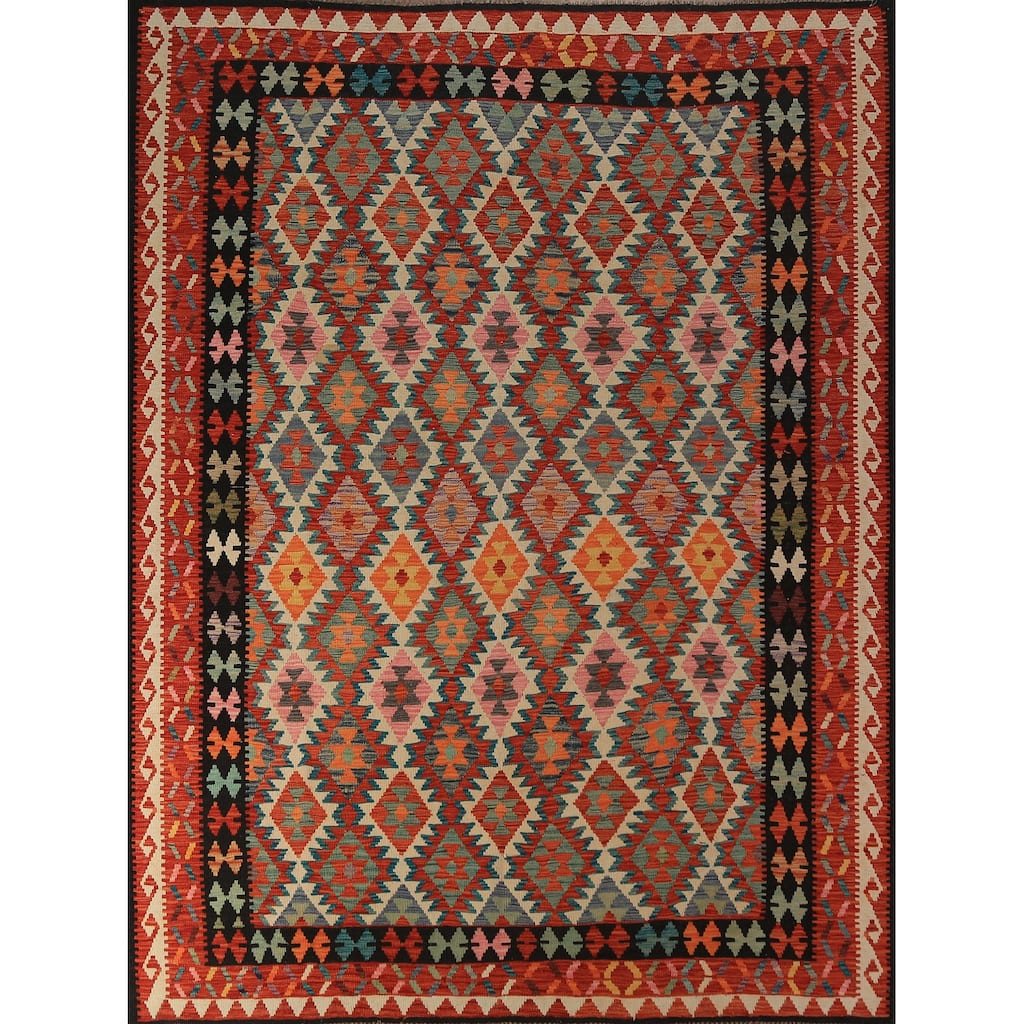 Trellis Kilim Oriental Area Rug Hand-Woven Wool Carpet - 7'10"x 9'10"