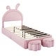 preview thumbnail 18 of 42, Velvet Upholstered Rabbit-Shape Princess Bed, Cute Platform Bed w2 Storage Stools & Headboard & Footboard for Kids