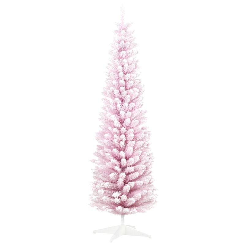 6ft Snow-Flocked Slim Pencil Christmas Tree, Unlit Artificial Xmas Tree with Plastic Stand, Easy Assembly - Pink