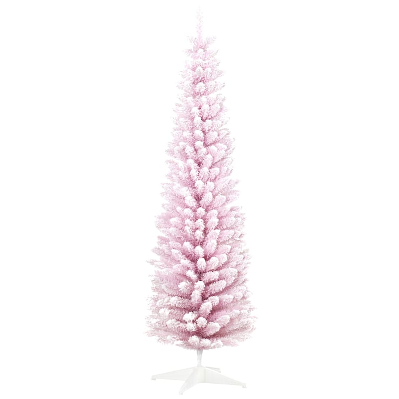 HOMCOM 7' Snow Flocked Artificial Pencil Christmas Tree, Slim Xmas Tree Pink