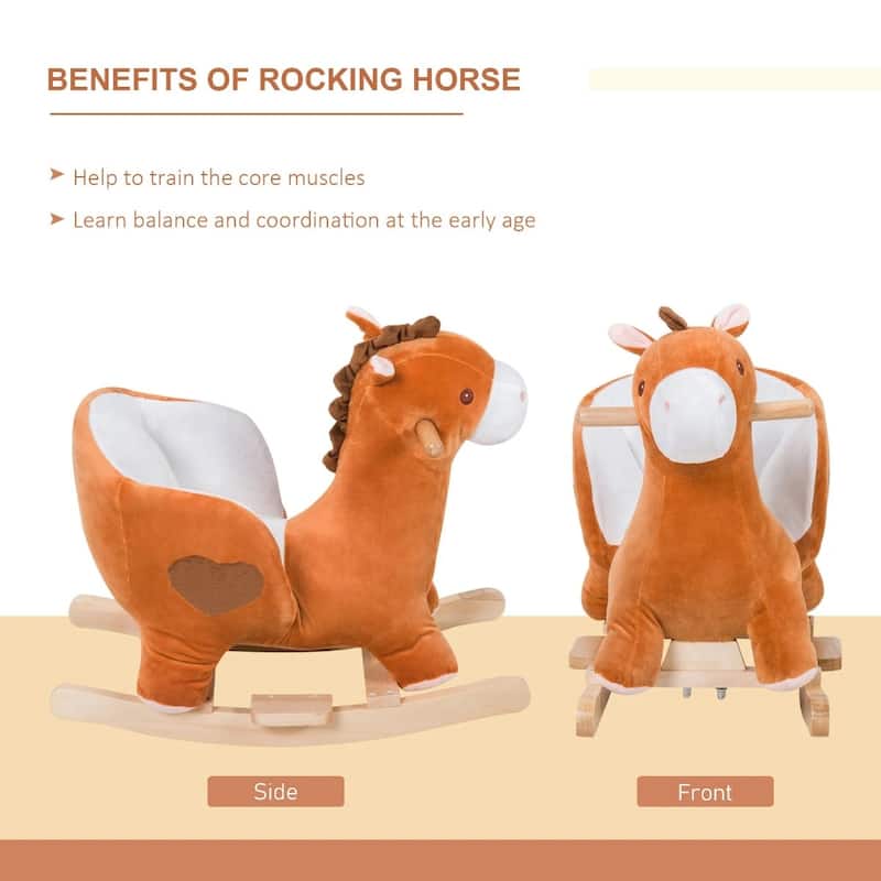 Plush Horse Rocker for Toddlers with Music Soft Seat Wooden Frame Brown and White for Kids 18 Months and Up