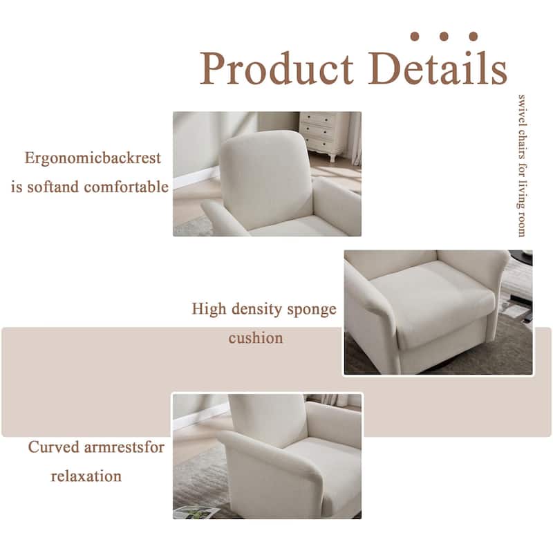 Linen Fabric Swivel Barrel Chair, Ergonomic Upholstered Single Sofa Chair, Lounge Armchair with Curved Back & Wood Base
