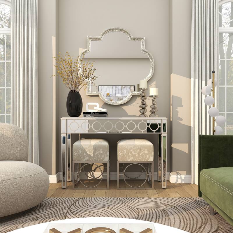 Silver Glass Mirrored Geometric Console Table with Circular Panel Inlay