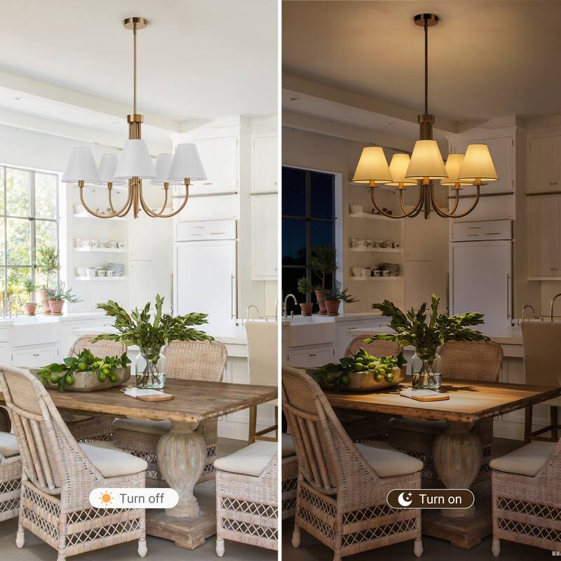 Farmhouse Wheel Chandelier Mid-century Pendant Fixture with Fabric Shades for Interior Lighting