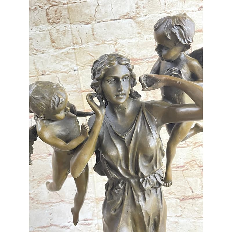 Signed Moreau Young Lady With Two Angels Bronze Sculpture Statue Figurine Decor