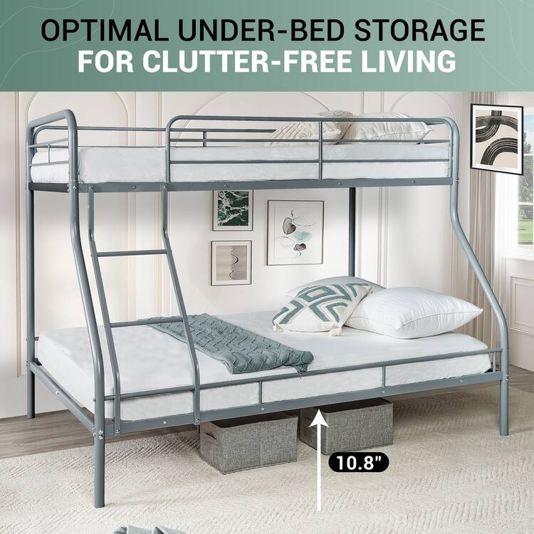 Twin Over Full Metal Bunk Bed - Heavy-Duty Bunk Bed Frame with Safety Guardrails, Angled Ladder & Underbed Storage - Gray