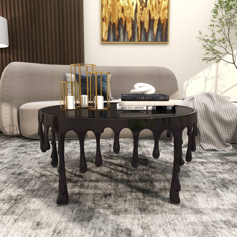 Aluminum Metal Accent, Console, and Coffee Table Collection with Drip Melting Design and Smoke Shaded Glass Top Multiple Colors