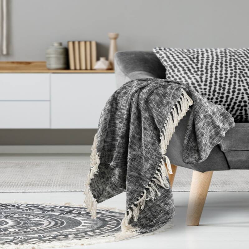 Sevita Boho Chambray Standard Size Throw Blanket with Fringe - Black/Ivory