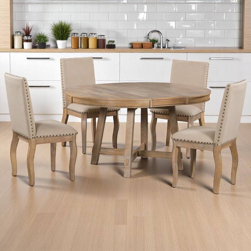 5-Piece Farmhouse Dining Set, Round Extendable Table with 4 Upholstered Chairs, Wood Dining Set for Kitchen and Dining Room - Natural Wood Wash