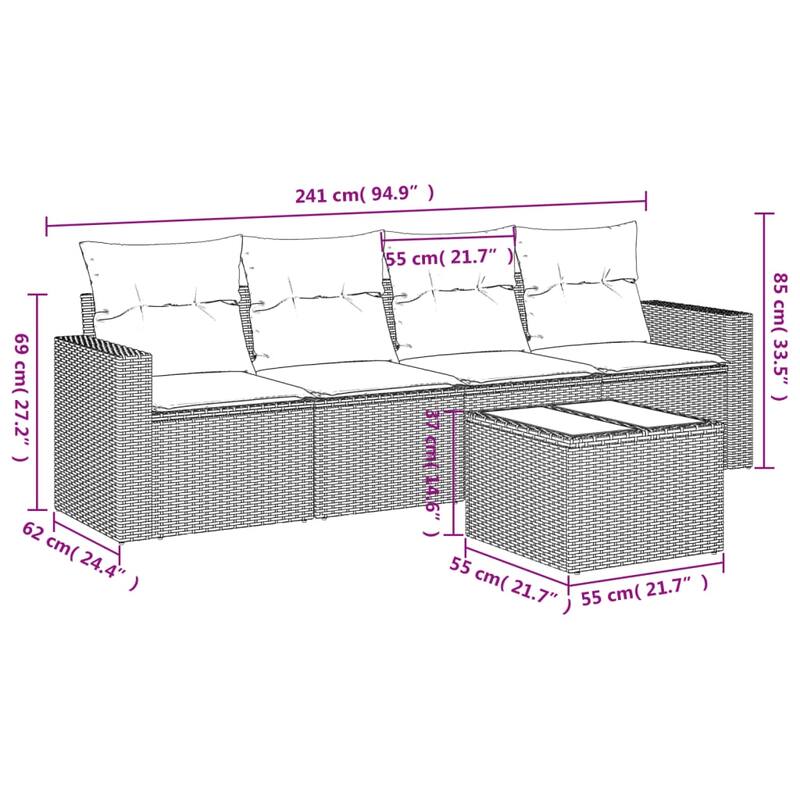 vidaXL 5 Piece Patio Sofa Set with Cushions Black Poly Rattan - 21.7 x 24.4 x 27.2 (W x D x H)