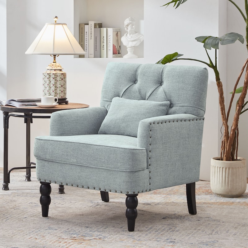 Set of 2 Arm Chair Upholstered Button Tufted Accent Chair with Lumbar Pillow Beige/ Grey/ Light Blue