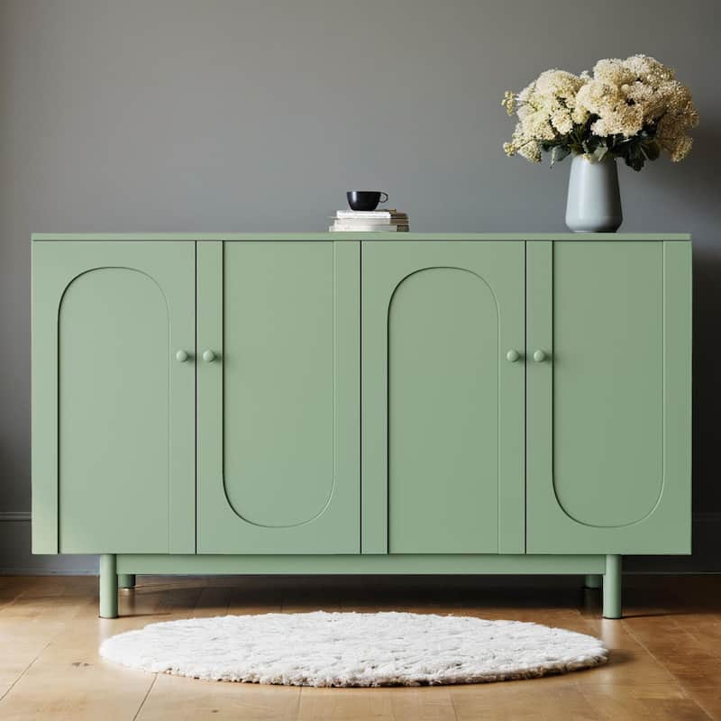 Modern 4 Door Intaglio Storage Cabinet with Adjustable Shelf, Stylish and Accent Cabinet with Pine Legs, Buffet Sideboard