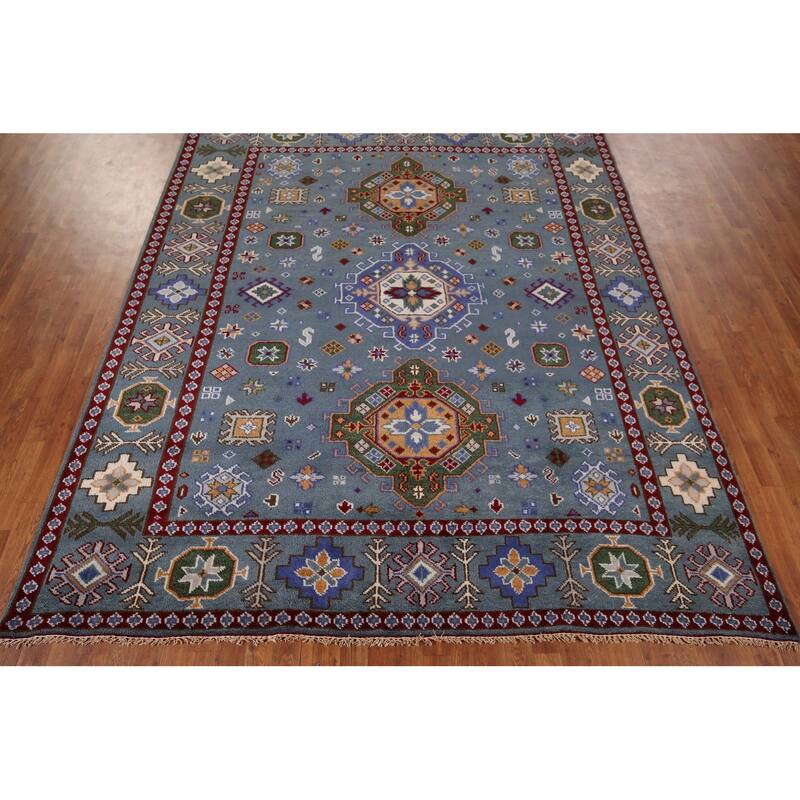 Blue Kazak Rug Hand-Knotted Wool Carpet - 8'0" x 9'11"